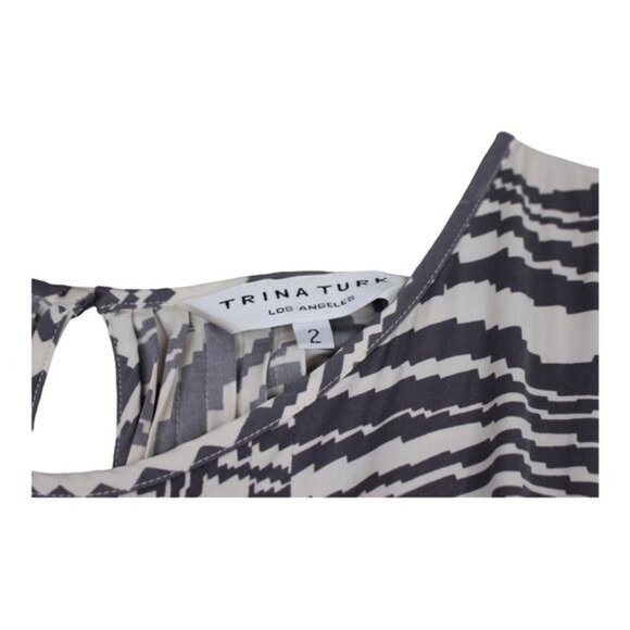 Trina Turk Women Zebra‎ Dress Silk Size 2 Gray Cream Short Sleeve Shift Belted - Picture 4 of 12